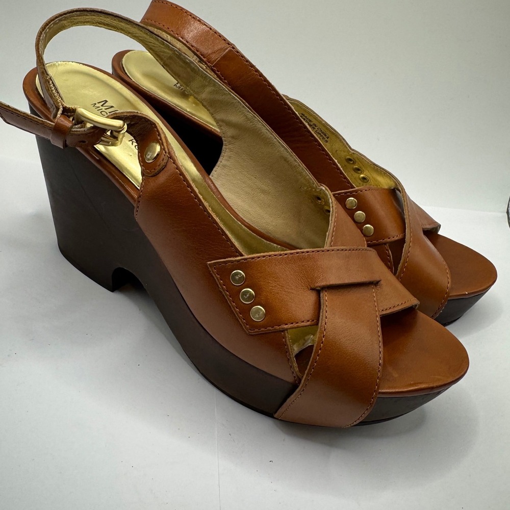 Michael Kors Tan Leather Platform Wedge Sandals Brown Studded Slingback 7.5M